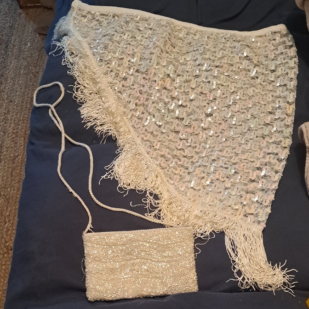 Sequin Fringe Shawl and Purse Set